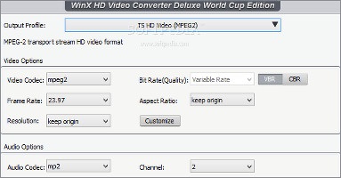 Showing the configurable audio and video settings in WinX HD Video Converter Deluxe World Cup Edition
